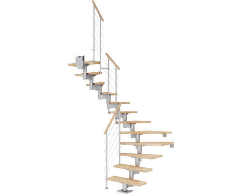 Pertura Mittelholmtreppe Chiron Perlgrau 1/2-gewendelt 75 cm Relinggeländer Buche Leimholz Lackiert 11 Stufen / 12 Steigungen