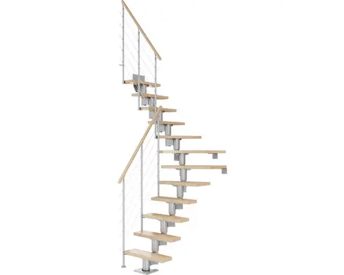 Pertura Mittelholmtreppe Spiros Perlgrau 1/4 gewendelt unten links/rechts 75 cm Relinggeländer Buche Leimholz Lackiert 11 Stufen / 12 Steigungen