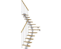 Pertura Mittelholmtreppe Spiros Perlgrau 1/4 gewendelt unten links/rechts 65 cm Stabgeländer Eiche Lackiert 14 Stufen / 15 Steigungen