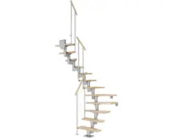 Pertura Mittelholmtreppe Spiros Perlgrau 1/2-gewendelt 65 cm Relinggeländer Buche Leimholz Lackiert 11 Stufen / 12 Steigungen