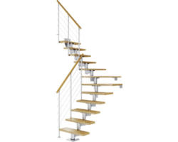 Pertura Mittelholmtreppe Chiron Perlgrau 1/4 gewendelt unten links/rechts 75 cm Relinggeländer Eiche Leimholz Lackiert 13 Stufen / 14 Steigungen