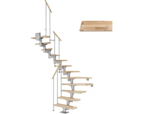 Pertura Mittelholmtreppe Chiron Perlgrau 1/2-gewendelt 75 cm Stabgeländer Buche Leimholz Lackiert 14 Stufen / 15 Steigungen