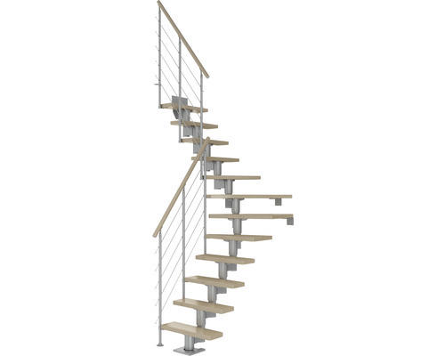 Pertura Mittelholmtreppe Spiros Perlgrau 1/4 gewendelt unten links/rechts 65 cm Relinggeländer Ahorn Leimholz Lackiert 11 Stufen / 12 Steigungen