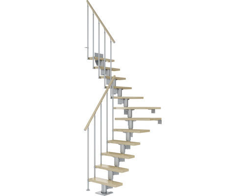 Pertura Mittelholmtreppe Spiros Perlgrau 1/4 gewendelt unten links/rechts 65 cm Stabgeländer Ahorn Leimholz Lackiert 14 Stufen / 15 Steigungen