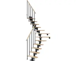 Pertura Mittelholmtreppe Spiros Anthrazit 1/4 gewendelt unten links/rechts 75 cm Stabgeländer Buche Leimholz Lackiert 14 Stufen / 15 Steigungen