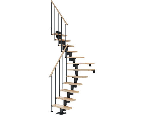 Pertura Mittelholmtreppe Spiros Anthrazit 1/4 gewendelt unten links/rechts 75 cm Stabgeländer Buche Leimholz Lackiert 12 Stufen / 13 Steigungen