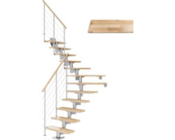 Pertura Mittelholmtreppe Chiron Perlgrau 1/4 gewendelt unten links/rechts 75 cm Relinggeländer Buche Leimholz Lackiert 11 Stufen / 12 Steigungen