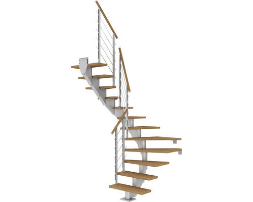 Pertura Mittelholmtreppe Alena Perlgrau 1/2-gewendelt 85 cm Relinggeländer Eiche Leimholz Geölt 11 Stufen / 12 Steigungen