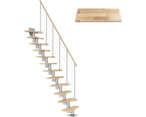 Pertura Mittelholmtreppe Raumspartreppe Vaia Perlgrau Variabel variabel 1/4 gewendelt unten links/rechts Gerade 64 cm Stabgeländer Buche Leimholz Lackiert 12 Stufen / 13 Steigungen