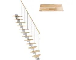 Pertura Mittelholmtreppe Raumspartreppe Vaia Perlgrau Variabel variabel 1/4 gewendelt unten links/rechts Gerade 64 cm Stabgeländer Buche Leimholz Lackiert 13 Stufen / 14 Steigungen