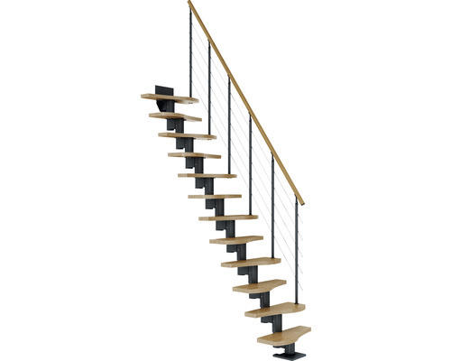 Pertura Mittelholmtreppe Raumspartreppe Vaia Anthrazit Variabel variabel 1/4 gewendelt unten links/rechts Gerade 64 cm Stabgeländer Eiche Leimholz Lackiert 11 Stufen / 12 Steigungen