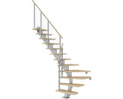 Pertura Mittelholmtreppe Alena Perlgrau 1/4 gewendelt unten links/rechts 75 cm Relinggeländer Buche Leimholz Geölt 13 Stufen / 14 Steigungen