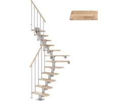 Pertura Mittelholmtreppe Spiros Perlgrau 1/4 gewendelt unten links/rechts 65 cm Stabgeländer Buche Leimholz Lackiert 13 Stufen / 14 Steigungen