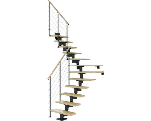 Pertura Mittelholmtreppe Chiron Anthrazit 1/4 gewendelt unten links/rechts 75 cm Relinggeländer Ahorn Leimholz Lackiert 11 Stufen / 12 Steigungen