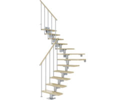 Pertura Mittelholmtreppe Chiron Perlgrau 1/4 gewendelt unten links/rechts 75 cm Stabgeländer Ahorn Leimholz Lackiert 11 Stufen / 12 Steigungen