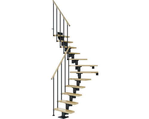 Pertura Mittelholmtreppe Spiros Anthrazit 1/4 gewendelt unten links/rechts 65 cm Stabgeländer Ahorn Leimholz Lackiert 11 Stufen / 12 Steigungen