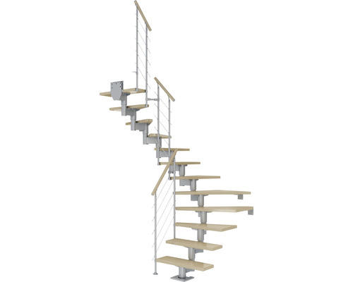 Pertura Mittelholmtreppe Chiron Perlgrau 1/2-gewendelt 75 cm Relinggeländer Ahorn Leimholz Lackiert 12 Stufen / 13 Steigungen