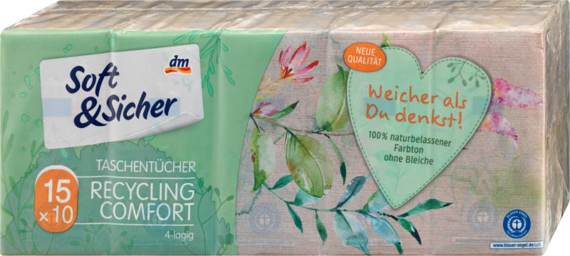 Soft&Sicher Recycling Taschentücher 4-lagig (15x10 Blatt)