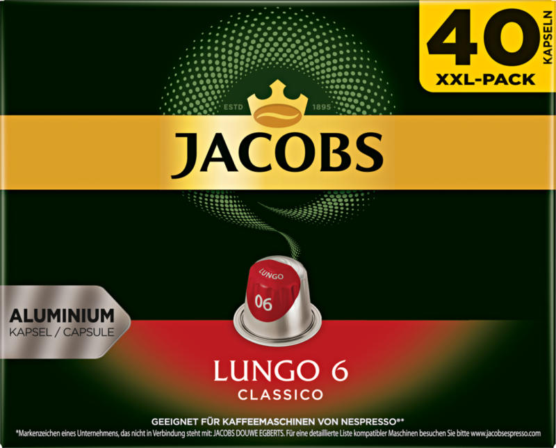 Capsules de café Lungo 6 Classico Jacobs, compatibles avec les machines Nespresso®, 40 capsules