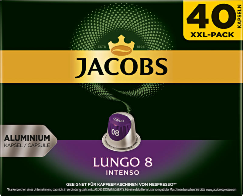 Capsules de café Lungo 8 Intenso Jacobs, compatibles avec les machines Nespresso®, 40 capsules