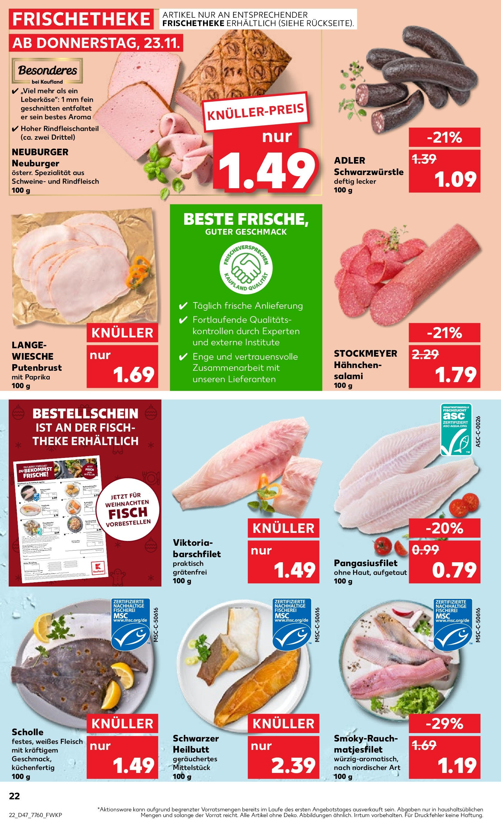 Kaufland - Bayern (ab 23.11.2023) » Angebote Online zum Blättern | Seite: 22 | Produkte: Fisch, Salami, Rindfleisch, Theke