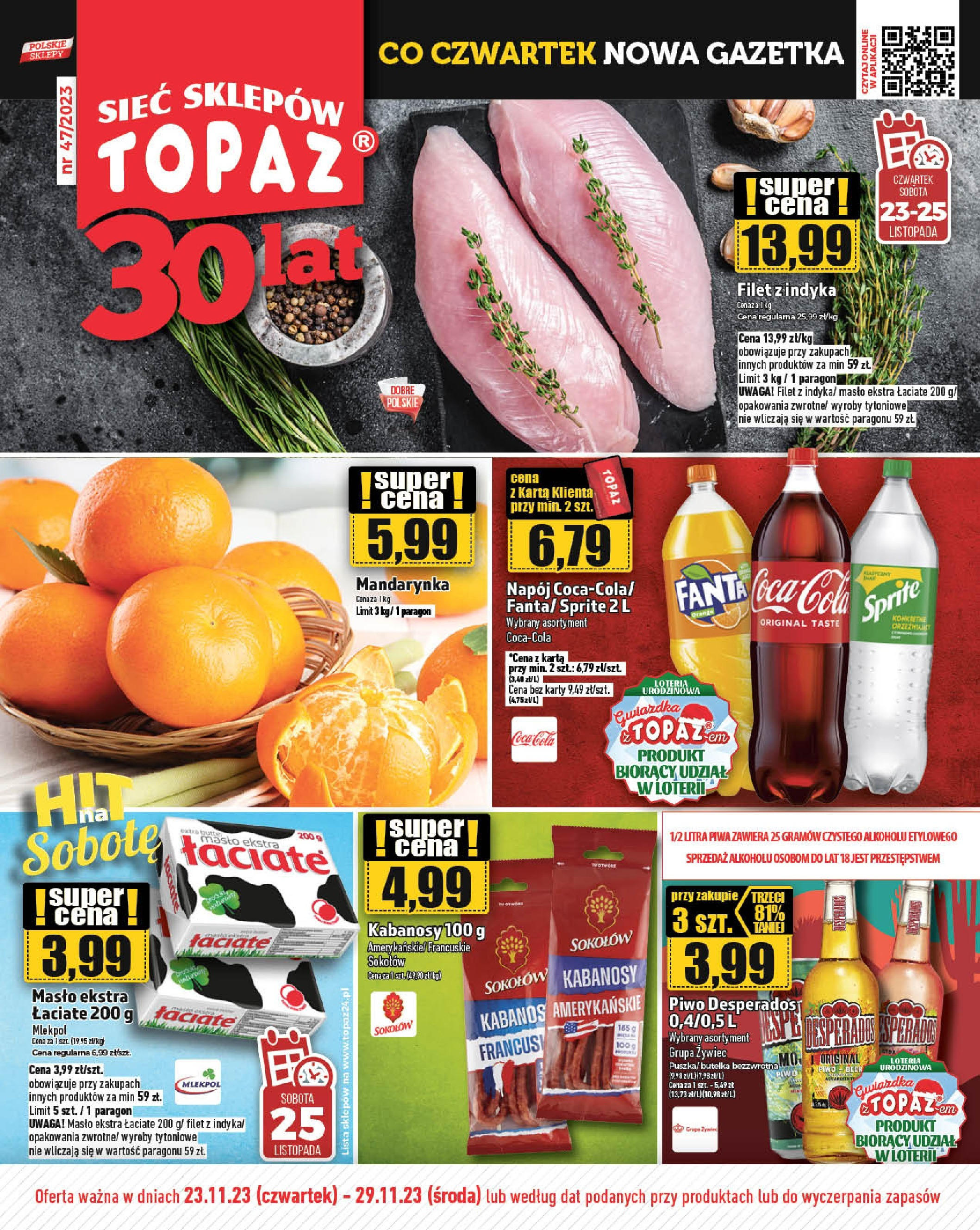 Topaz Gazetka MAZ od 23.11.2023 - Gazetka nowa | Strona: 1 | Produkty: Kabanosy, Masło, Piwo