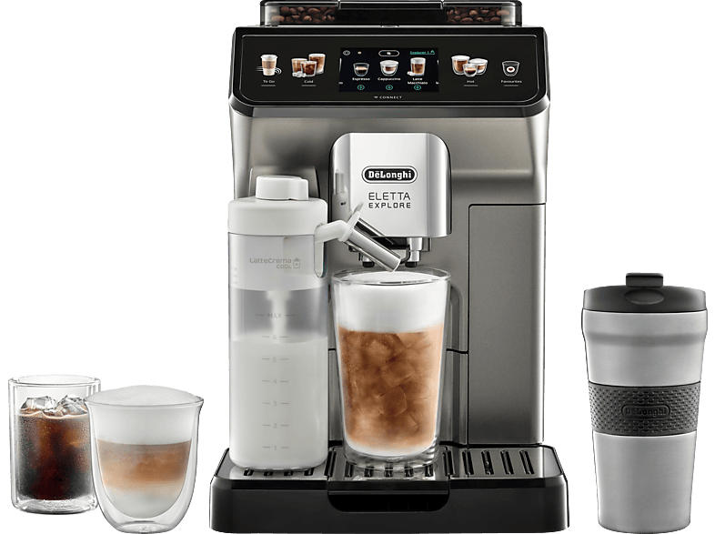 De'Longhi ECAM450.86.T Eletta Explore Cold Brew Kaffeevollautomat (Titan, Kegelmahlwerk, 19 bar, externer Milchbehälter)
