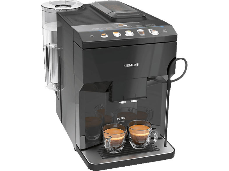 Siemens TP501D09 EQ.500 Kaffeevollautomat (Klavierlack Schwarz, Keramik-Scheibenmahlwerk, 15 bar, externer Milchbehälter)