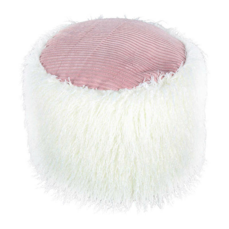 360 Living Hocker Bobtail 100 weiß pink Kord Kunstfell Styropor H/D: ca. 38x45 cm