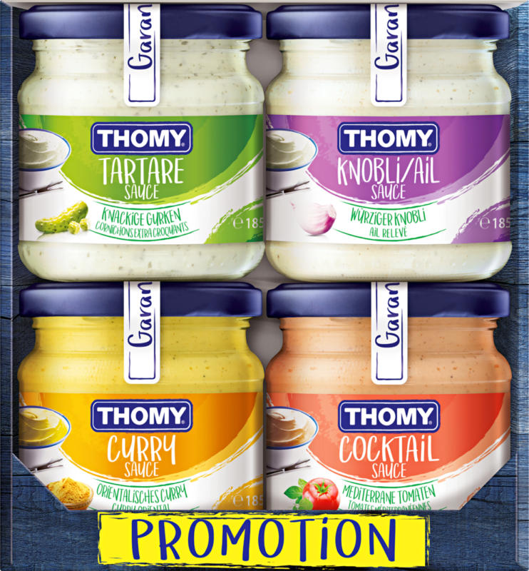 Sauces Thomy, assorties: Tartare, Ail, Curry, Cocktail, 4 x 185 ml