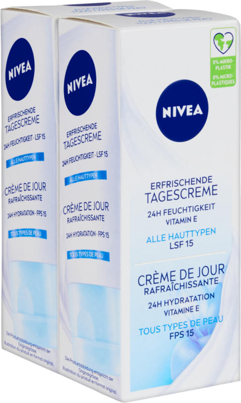 Crème de jour rafraîchissante Nivea, FPS 15, peaux normales et mixtes, 2 x 50 ml