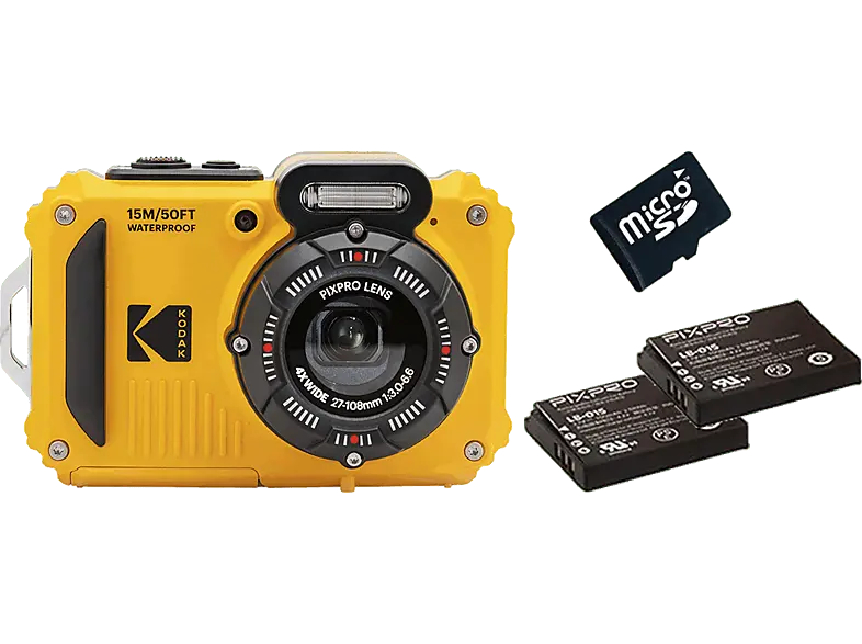 Kodak Pixpro WPZ2 Unterwasserkamera mit 2x Akku und 16 GB Speicherkarte, Gelb; Kompaktkamera
