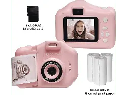 Denver KPC-1370P Pink Blau Kinder-Kamera mit Thermodruckfunktion, 3 Rollen Papier und 64GB Micro-SD Karte