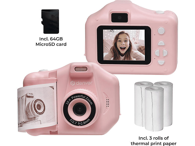 Denver KPC-1370P Pink Blau Kinder-Kamera mit Thermodruckfunktion, 3 Rollen Papier und 64GB Micro-SD Karte