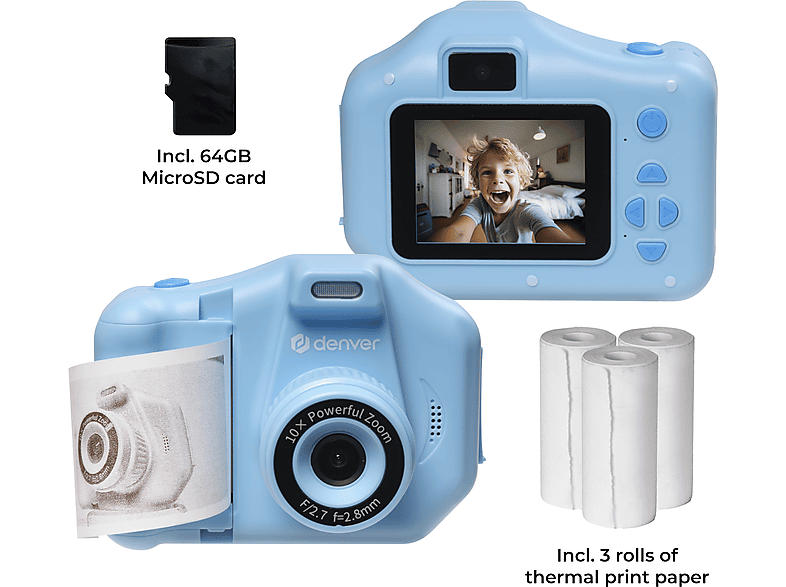 Denver KPC-1370BU Blau Kinder-Kamera mit Thermodruckfunktion, 3 Rollen Papier und 64GB Micro-SD Karte