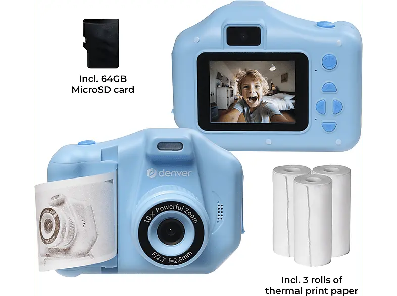 Denver KPC-1370BU Blau Kinder-Kamera mit Thermodruckfunktion, 3 Rollen Papier und 64GB Micro-SD Karte