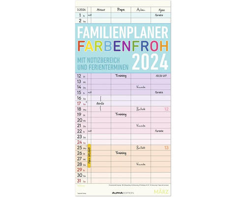 Kalender Familienplaner Farbenfroh 4 Spalten 2024 22x45 cm