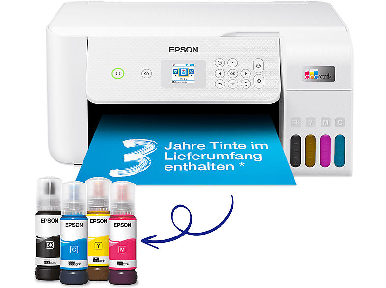 Epson EcoTank ET-2826 A4, mit einem im Lieferumfang enthaltenen Vorrat an Tinten bis zu 3 Jahren, Multifunktionsdrucker, WLAN, Tintendruck, Weiß