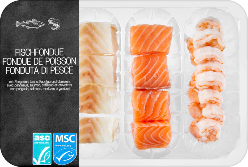 Fondue di pesce, con pangasio, salmone, merluzzo e gamberi, Atlantico nord-orientale, Norvegia, Vietnam, Ecuador, 400 g