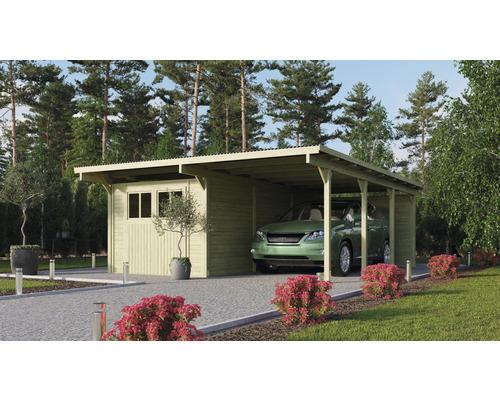 Doppelcarport Karibu Eco 2 Set mit integriertem Abstellraum 11 m² und Rückwand 527 x 576 cm kesseldruckimprägniert