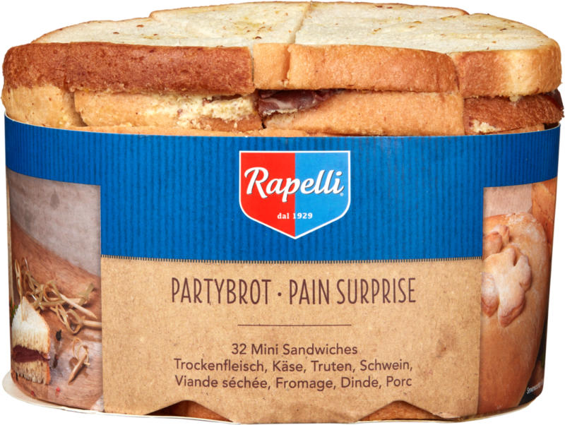 Rapelli Partybrot, 32 mini Sandwiches mit Trockenfleisch, Käse, Truten, Schwein, 530 g