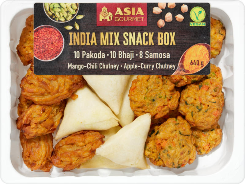 Asia Gourmet India Mix Snack Box, avec des sauces chutney Mangue-Chili et Pomme-Curry, 640 g