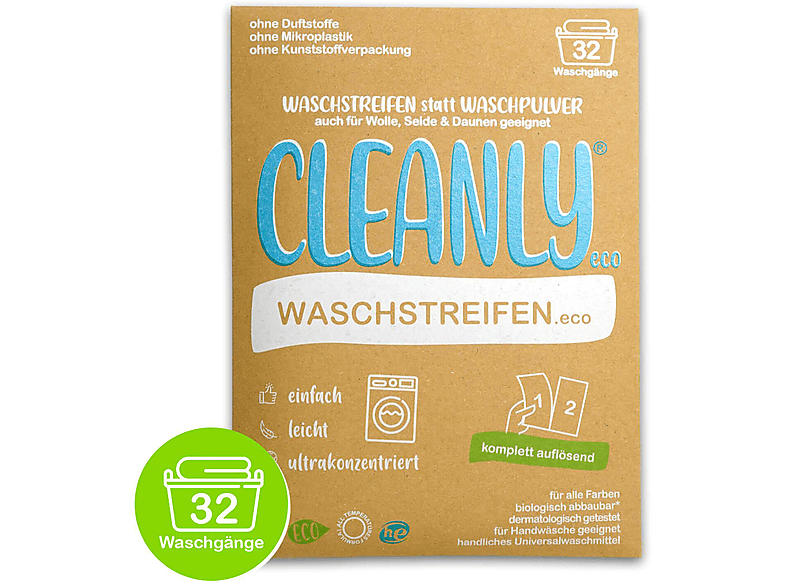Cleanly Eco Wasserlösliche Waschstreifen, Universalwaschmittel, 32 Stück