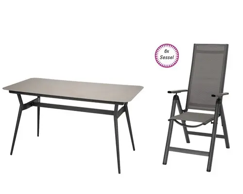 Gartenmöbelsets Acamp Spring 7teilig, bestehend aus 1 Tisch und 6 Gartensesseln mit Armlehne klappbar anthrazit