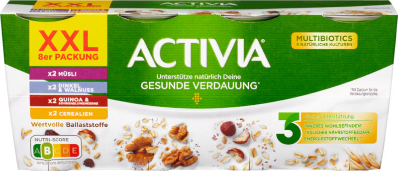 Danone Activia Joghurt Multibiotics, assortiert: Müesli, Dinkel & Walnuss, Quinoa & Sonnenblumenkerne, Cerealien, 8 x 115 g