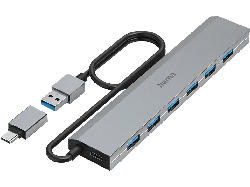 Hama USB-Hub, 7 Ports, USB 3.2 Gen1, 5 Gbit / s, inkl. USB-C-Adapter und Netzteil