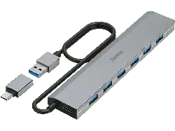 HAMA USB-Hub, 7 Ports, USB 3.2 Gen1, 5 Gbit / s, inkl. USB-C-Adapter und Netzteil