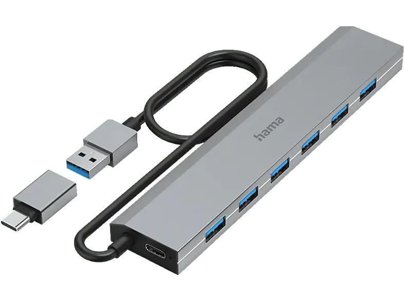 HAMA USB-Hub, 7 Ports, USB 3.2 Gen1, 5 Gbit / s, inkl. USB-C-Adapter und Netzteil