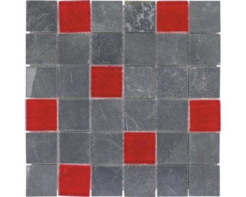 Glasmosaik mit Naturstein Slate 30,0x30,0 cm grau rot