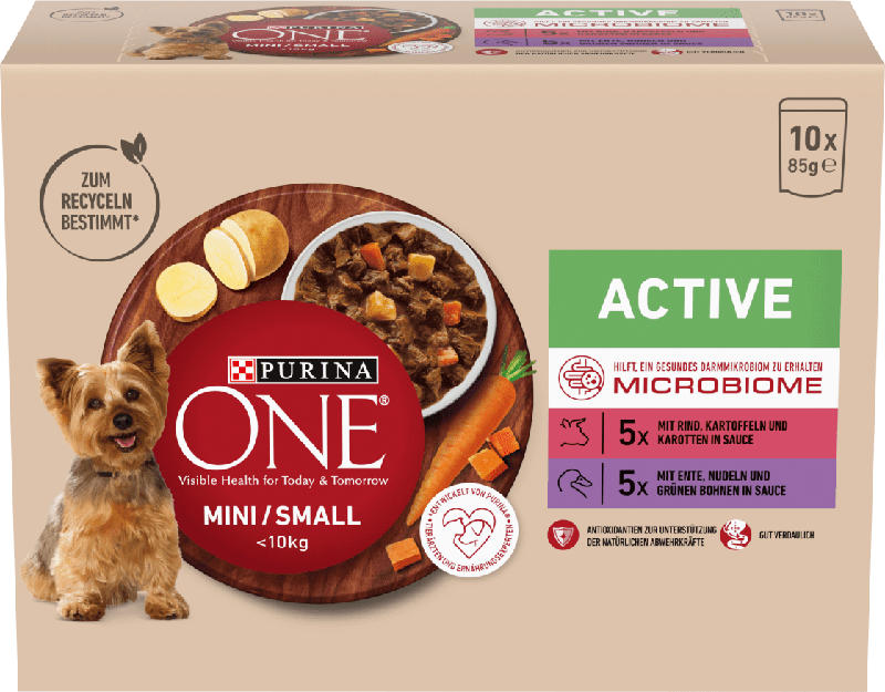 PURINA ONE Nassfutter Hund mit Rind & Ente, MINI Active für kleine Rassen, Multipack (10x85 g)